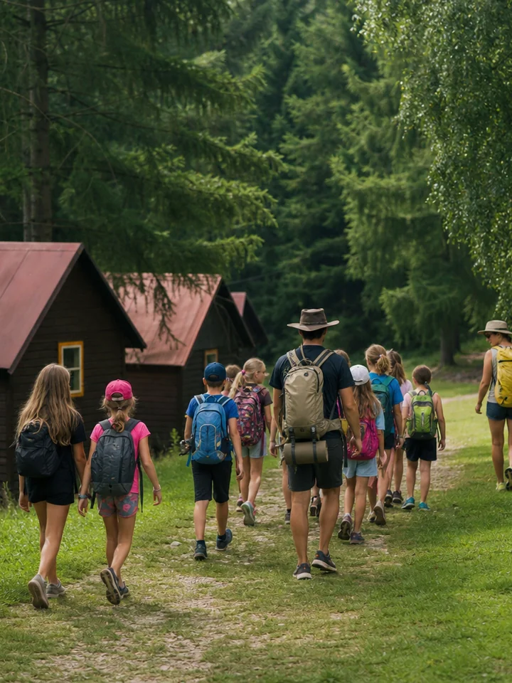 Dzieci z wychowawcami podchodzą do domków obozowych w lesie